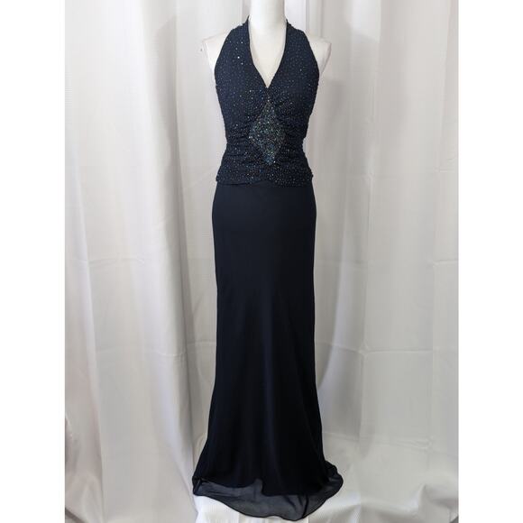 NWOT! JKARA! NAVY BLUE ELABORATELY BEADED, CHIFFON FULL LENGTH GOWN, DRESS! SZ 6 - Picture 2 of 10